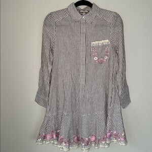 NWOT Tuckernuck Linen Striped Embroidered Button Up Long Sleeve Mini Shirt Dress
